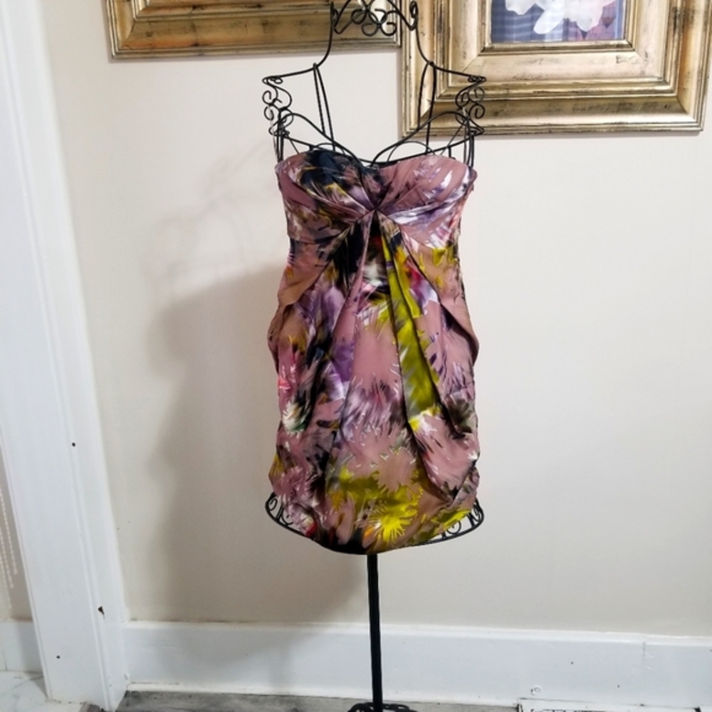 Vintage Y2K Matthew Williamson Floral Strapless Mixed Silk Mini Dress. Siza: 8.